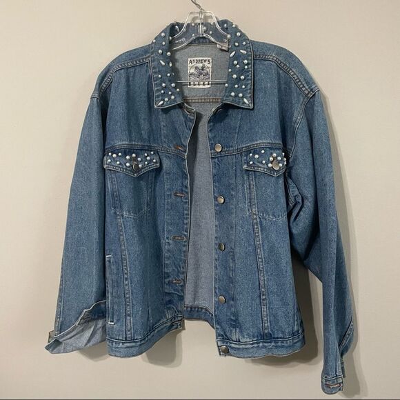 Andrew’s Blues Vintage Pearl Studded Oversized Jean Denim Jacket - Picture 10 of 16